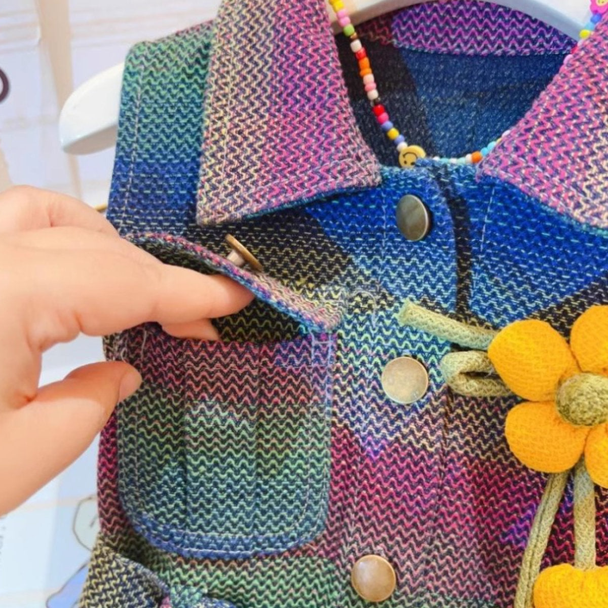 Rainbow Denim Elbise – Renkli Kuşaklı, Çiçek Detaylı (2-8 Yaş)