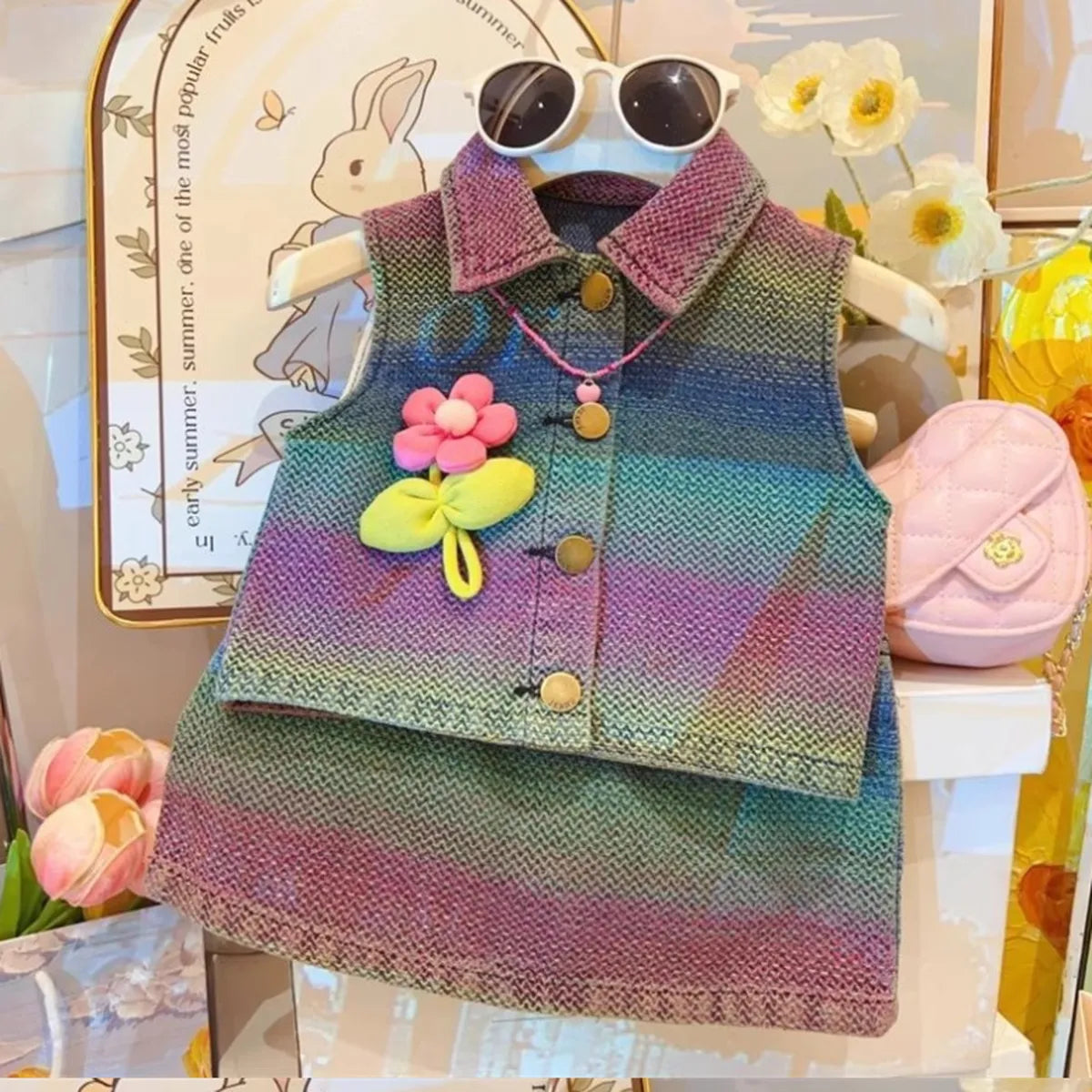 Rainbow Denim Elbise – Renkli Kuşaklı, Çiçek Detaylı (2-8 Yaş)