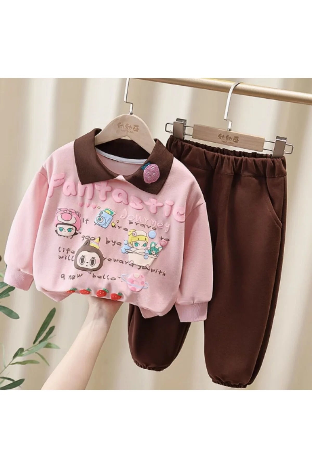 Cocumix Kız Çocuk Kahverengi Yakalı Pembe Takım 3-4 Yaş Outlet