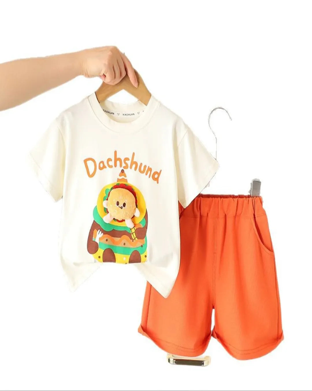 1-5 Yaş Dachshund Aplikeli Tişört ve Turuncu Şort 2’li Yazlık Takım (Unisex)