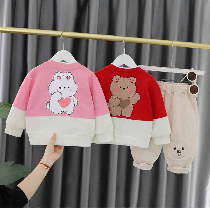 Kız Çocuk Takım  – 1-5 Yaş 3 Parça Ayıcık Detaylı Takım Pembe ve Kırmızı