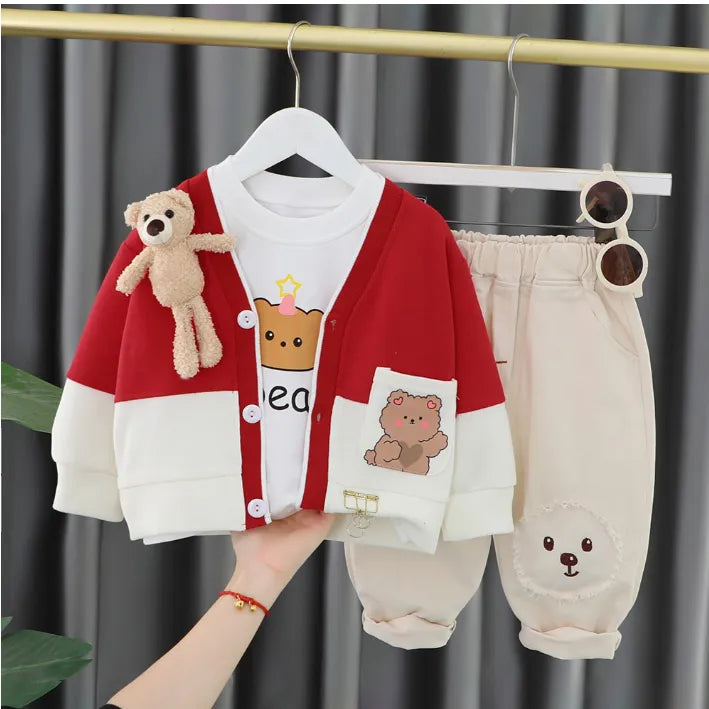 Kız Çocuk Takım  – 1-5 Yaş 3 Parça Ayıcık Detaylı Takım Pembe ve Kırmızı