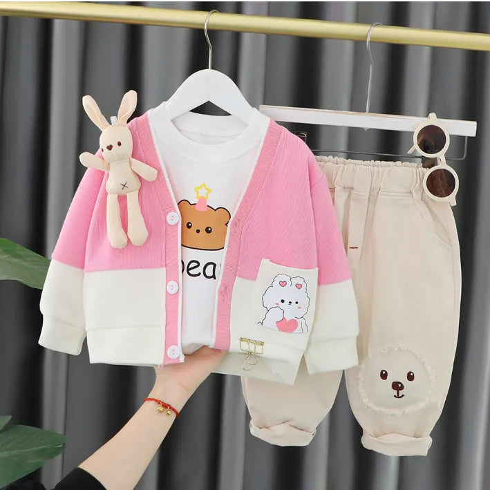 Kız Çocuk Takım  – 1-5 Yaş 3 Parça Ayıcık Detaylı Takım Pembe ve Kırmızı