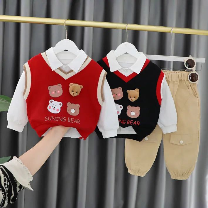 Unisex Çocuk Takım– 1-5 Yaş 3 Parça Ayıcık Desenli Takım – 3 Farklı Renk