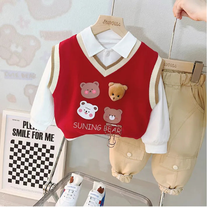 Unisex Çocuk Takım– 1-5 Yaş 3 Parça Ayıcık Desenli Takım – 3 Farklı Renk