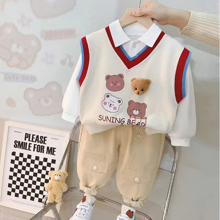 Unisex Çocuk Takım– 1-5 Yaş 3 Parça Ayıcık Desenli Takım – 3 Farklı Renk