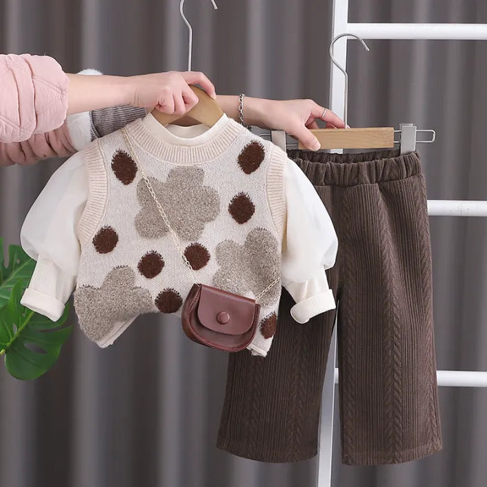 1-5 Yaş 3 Parça Kız Çocuk Takımı – Çantalı Puanlı Yelek Modeli