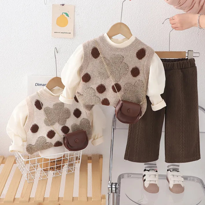 1-5 Yaş 3 Parça Kız Çocuk Takımı – Çantalı Puanlı Yelek Modeli