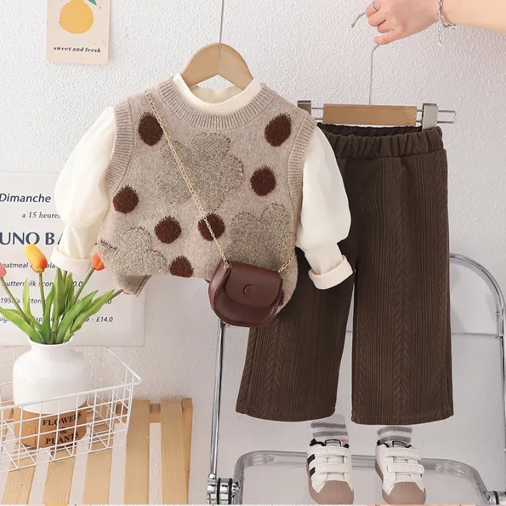 1-5 Yaş 3 Parça Kız Çocuk Takımı – Çantalı Puanlı Yelek Modeli