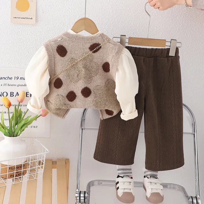 1-5 Yaş 3 Parça Kız Çocuk Takımı – Çantalı Puanlı Yelek Modeli