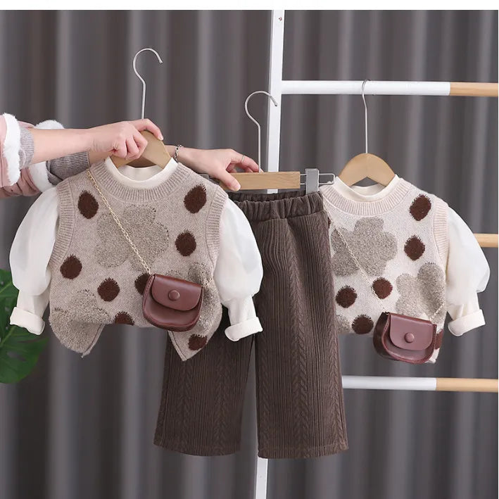 1-5 Yaş 3 Parça Kız Çocuk Takımı – Çantalı Puanlı Yelek Modeli