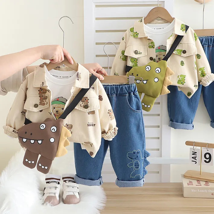 1-5 Yaş 3 Parça Çantalı Dinozorlu Unisex Çocuk Tkaımı