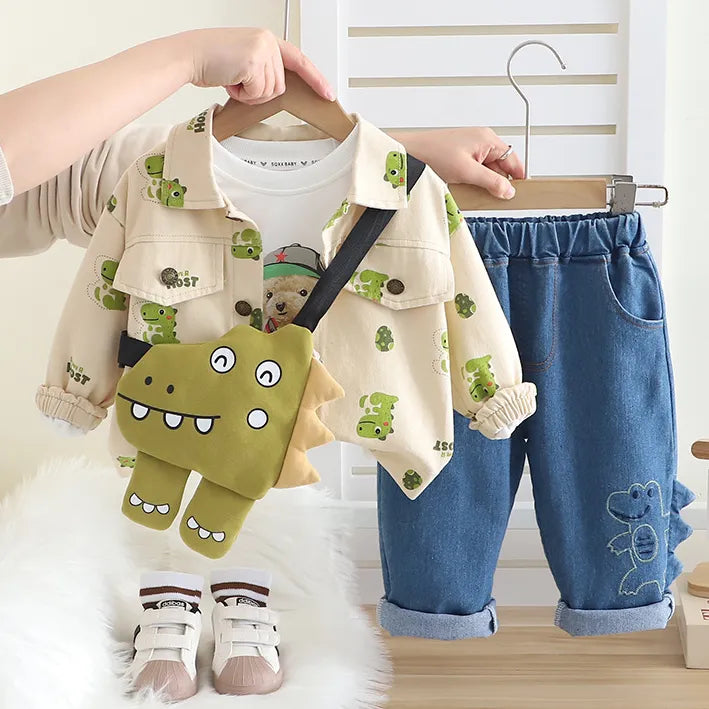 1-5 Yaş 3 Parça Çantalı Dinozorlu Unisex Çocuk Tkaımı