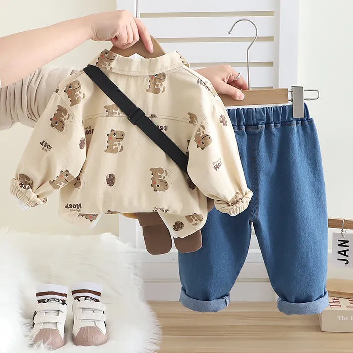 1-5 Yaş 3 Parça Çantalı Dinozorlu Unisex Çocuk Tkaımı