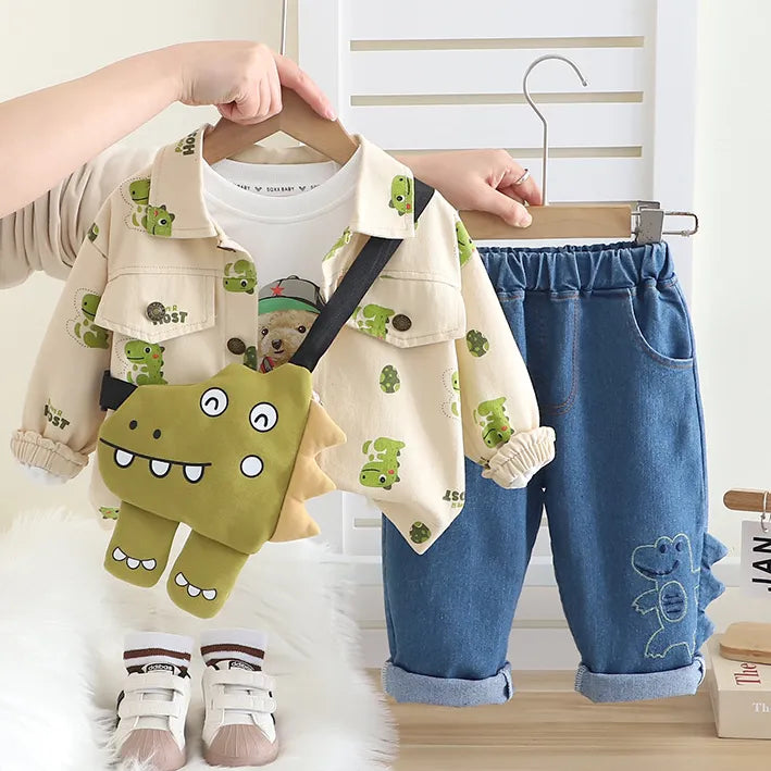 1-5 Yaş 3 Parça Çantalı Dinozorlu Unisex Çocuk Tkaımı