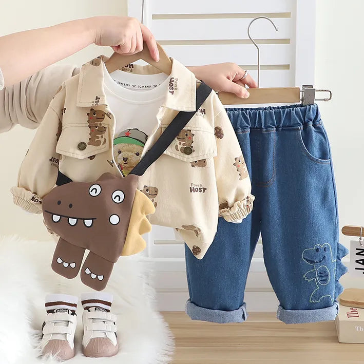 1-5 Yaş 3 Parça Çantalı Dinozorlu Unisex Çocuk Tkaımı