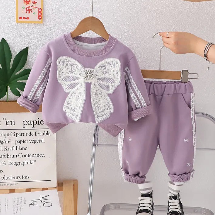 Dantelli Fiyonk Detaylı 2’li Kız Çocuk Takımı – 3 Renk Seçenekli