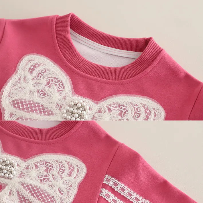 Dantelli Fiyonk Detaylı 2’li Kız Çocuk Takımı – 3 Renk Seçenekli