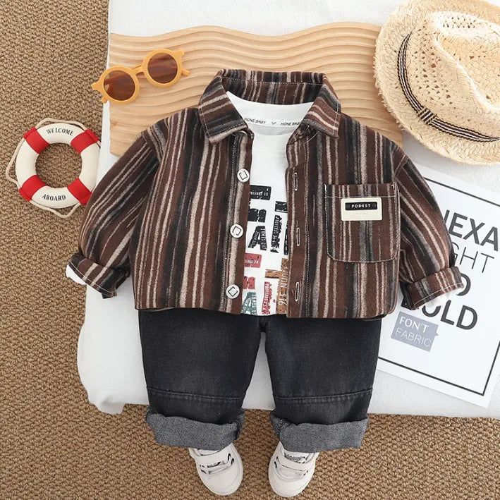 1-5 Yaş Erkek Çocuk 3 Parça Çizgili Gömlekli Takım-Renk Seçenekli