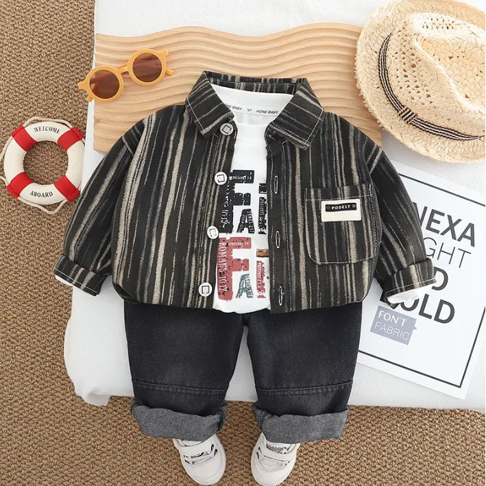 1-5 Yaş Erkek Çocuk 3 Parça Çizgili Gömlekli Takım-Renk Seçenekli