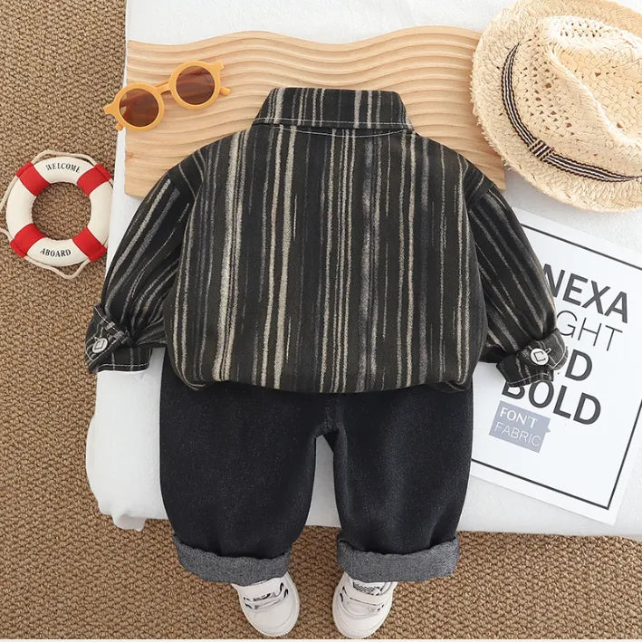 1-5 Yaş Erkek Çocuk 3 Parça Çizgili Gömlekli Takım-Renk Seçenekli