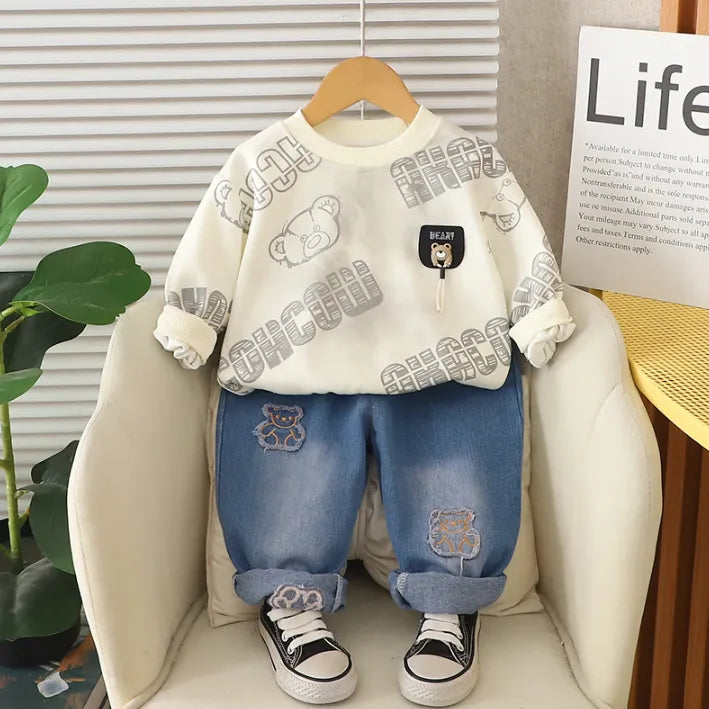1-5 Yaş Peluş Detaylı Sweat & Jean Çocuk Takımı (3 Renk Seçenekli)