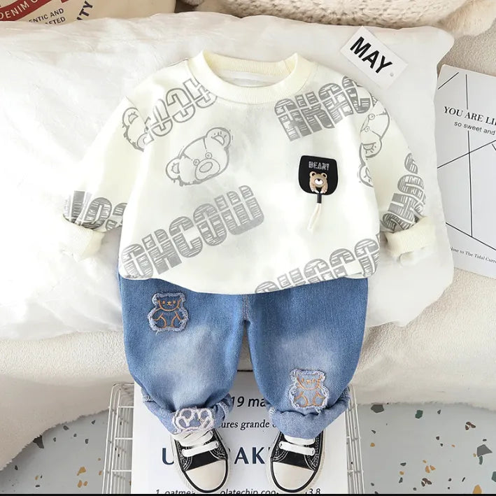1-5 Yaş Peluş Detaylı Sweat & Jean Çocuk Takımı (3 Renk Seçenekli)