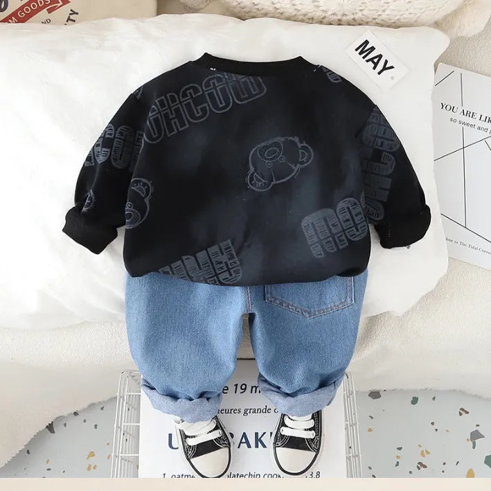 1-5 Yaş Peluş Detaylı Sweat & Jean Çocuk Takımı (3 Renk Seçenekli)