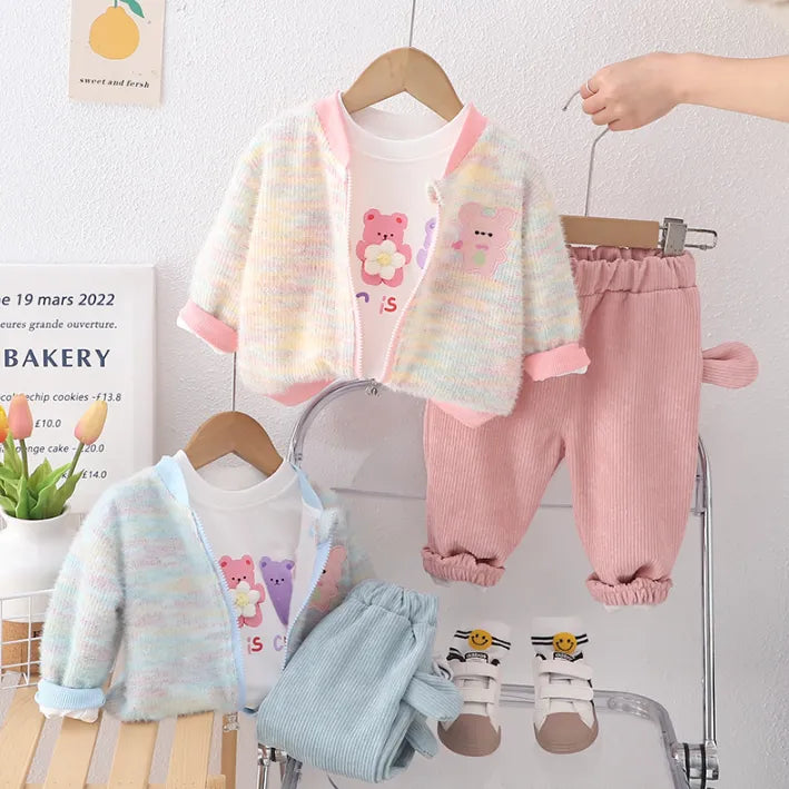 1-5 Yaş Renkli Triko Hırkalı 3 Parça Çocuk Takımı (Pembe & Mavi)