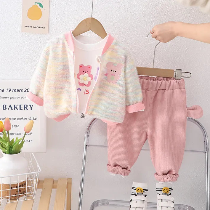 1-5 Yaş Renkli Triko Hırkalı 3 Parça Çocuk Takımı (Pembe & Mavi)