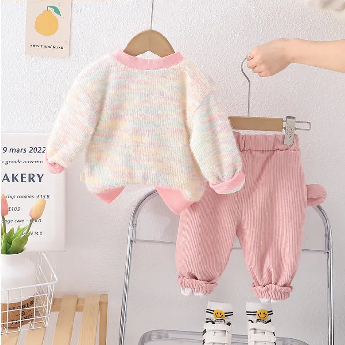 1-5 Yaş Renkli Triko Hırkalı 3 Parça Çocuk Takımı (Pembe & Mavi)