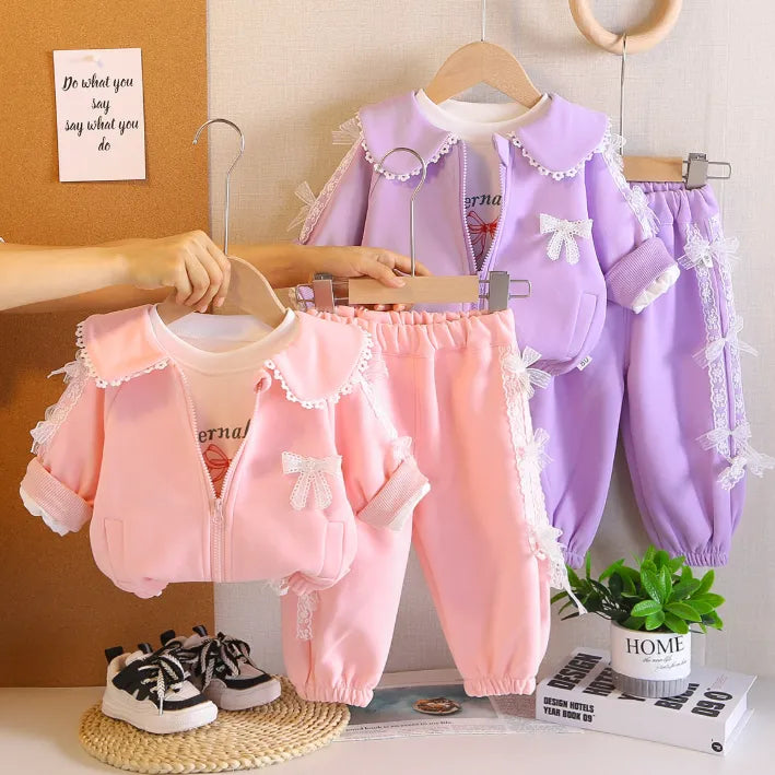 1-5 Yaş Dantel Detaylı 3 Parça Çocuk Takımı (Pembe & Lila)