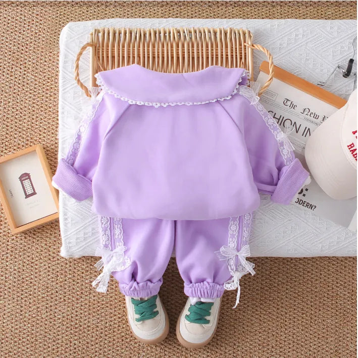 1-5 Yaş Dantel Detaylı 3 Parça Çocuk Takımı (Pembe & Lila)