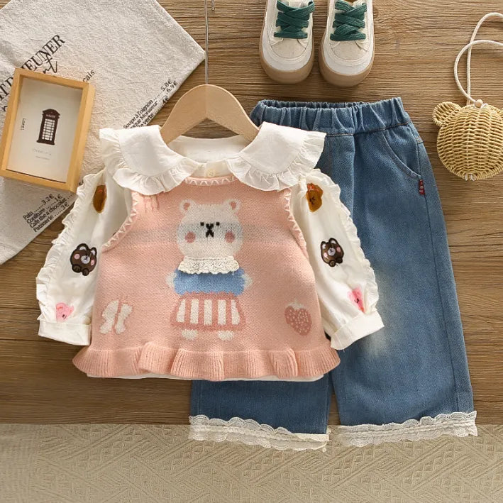 1-5 Yaş Kız Çocuk Ayıcık Desenli 2 Renk Jean Takım