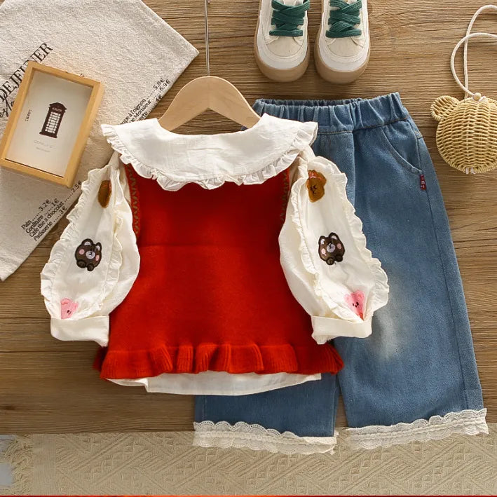 1-5 Yaş Kız Çocuk Ayıcık Desenli 2 Renk Jean Takım