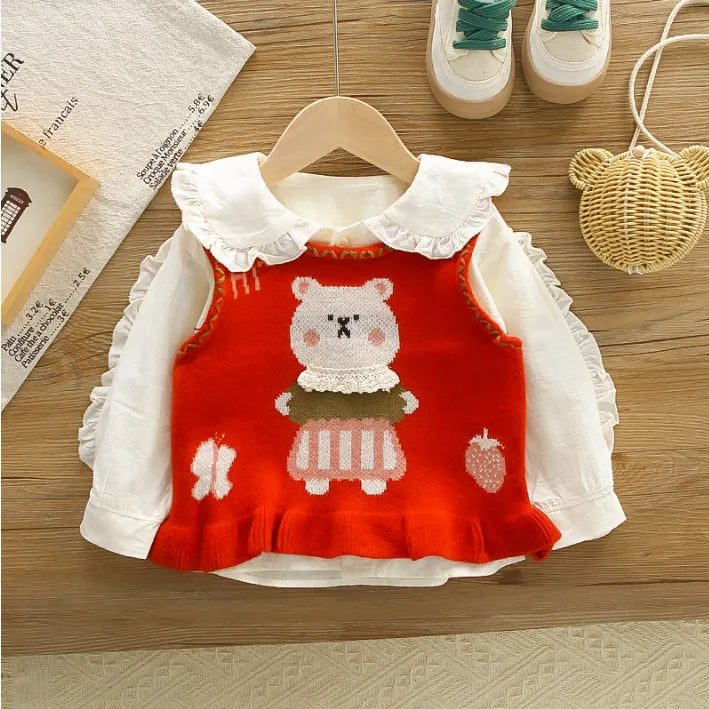 1-5 Yaş Kız Çocuk Ayıcık Desenli 2 Renk Jean Takım