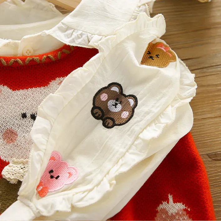 1-5 Yaş Kız Çocuk Ayıcık Desenli 2 Renk Jean Takım