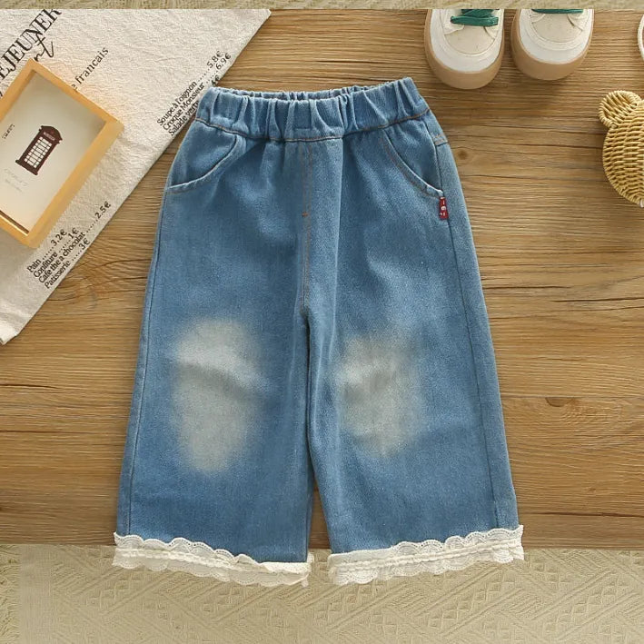 1-5 Yaş Kız Çocuk Ayıcık Desenli 2 Renk Jean Takım