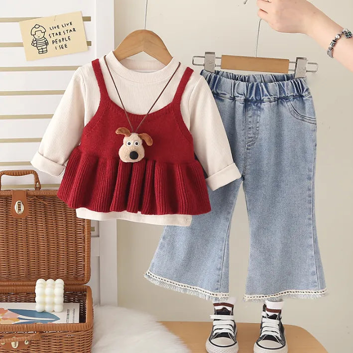 1-5 Yaş Kız Çocuk 3 Parça Kot Pantolon ve Triko Bluz Takım