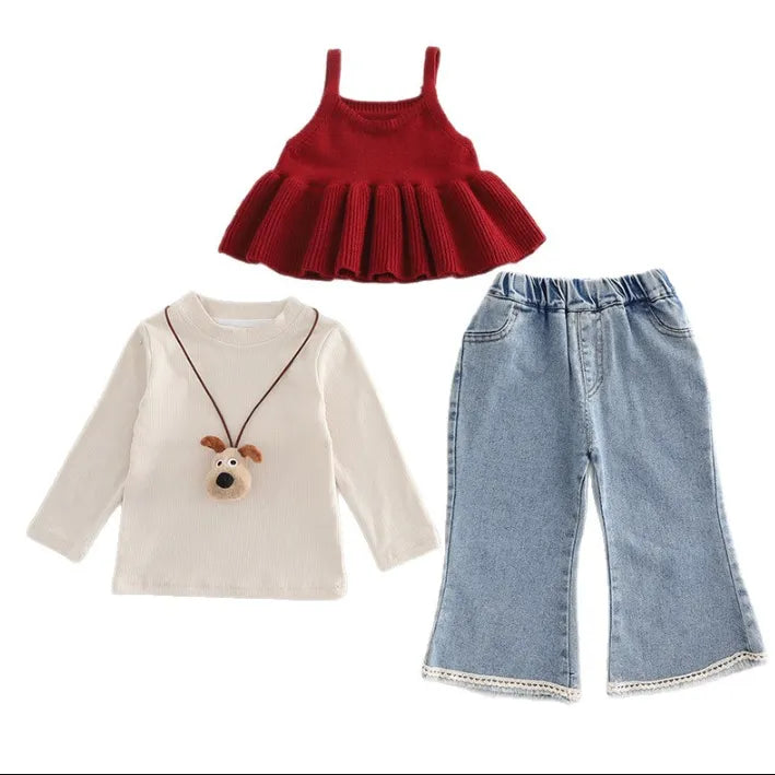 1-5 Yaş Kız Çocuk 3 Parça Kot Pantolon ve Triko Bluz Takım