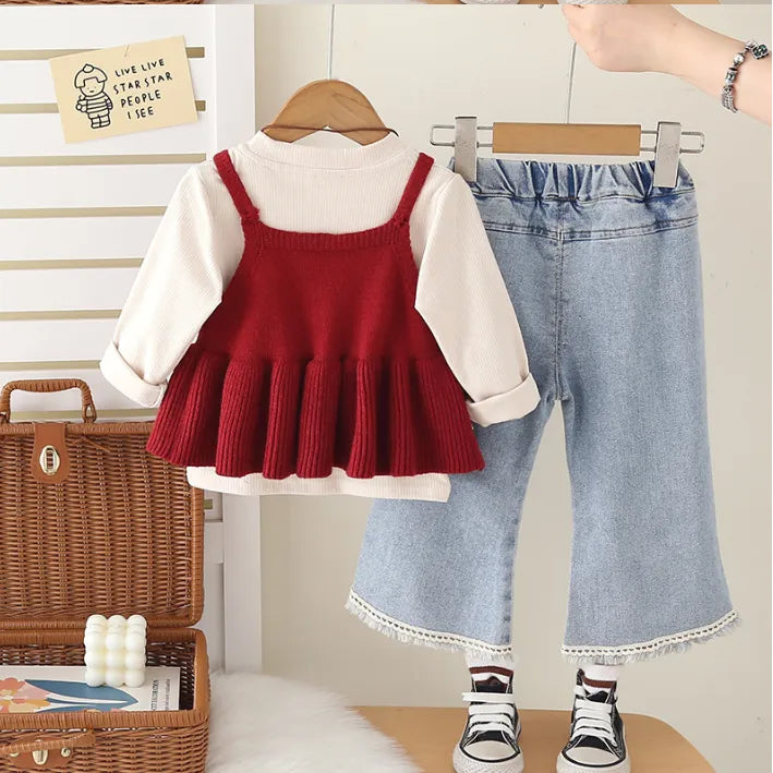 1-5 Yaş Kız Çocuk 3 Parça Kot Pantolon ve Triko Bluz Takım