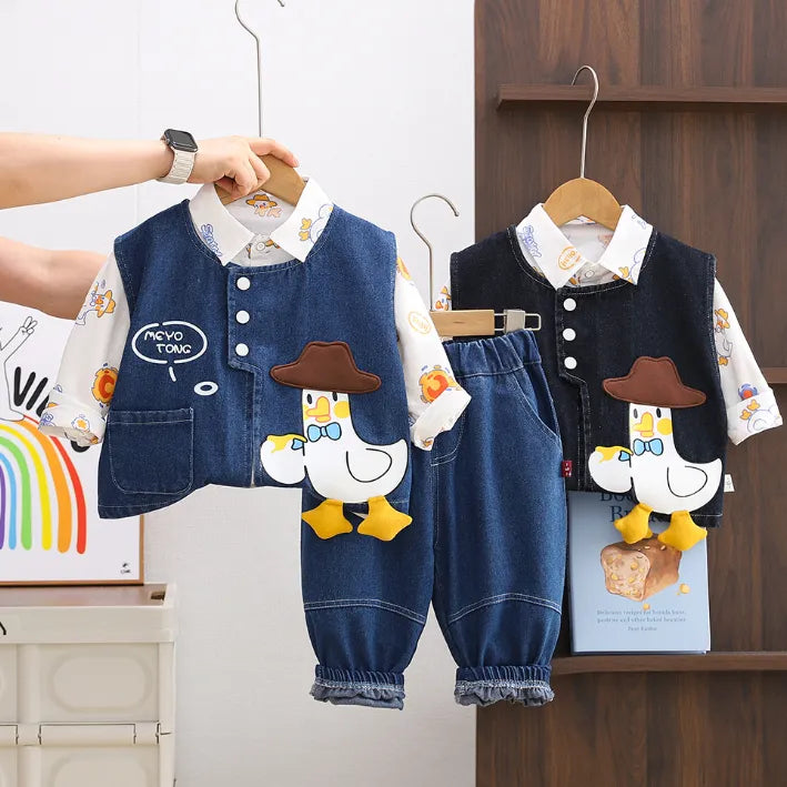 1-5 Yaş Unisex Kovboy Ördek Desenli 3’lü Kot Takım