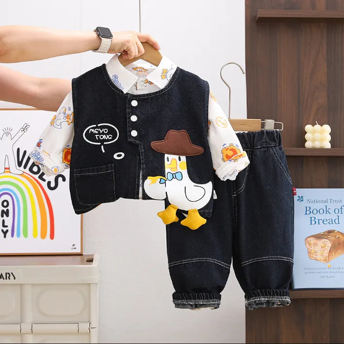 1-5 Yaş Unisex Kovboy Ördek Desenli 3’lü Kot Takım