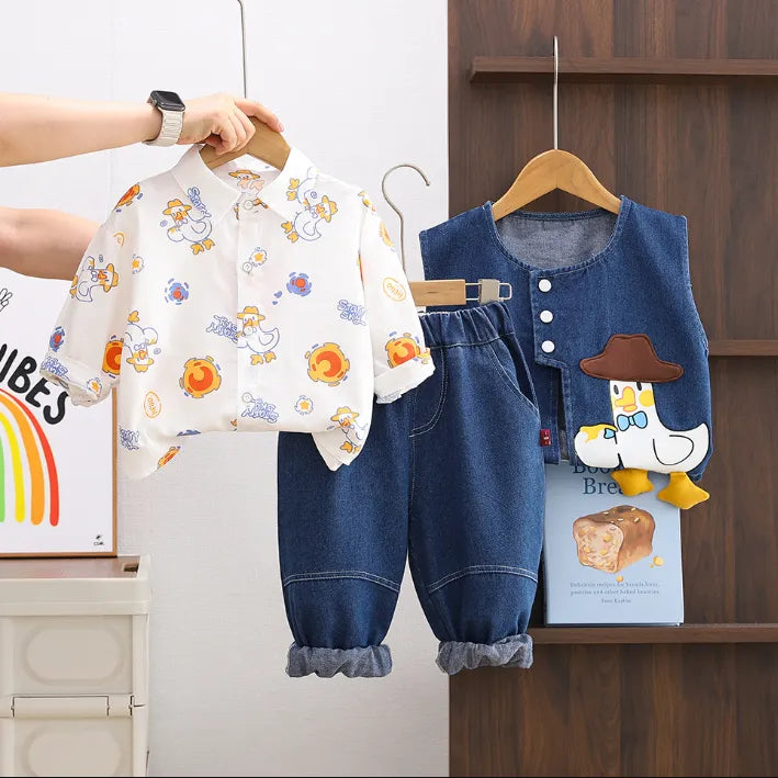 1-5 Yaş Unisex Kovboy Ördek Desenli 3’lü Kot Takım