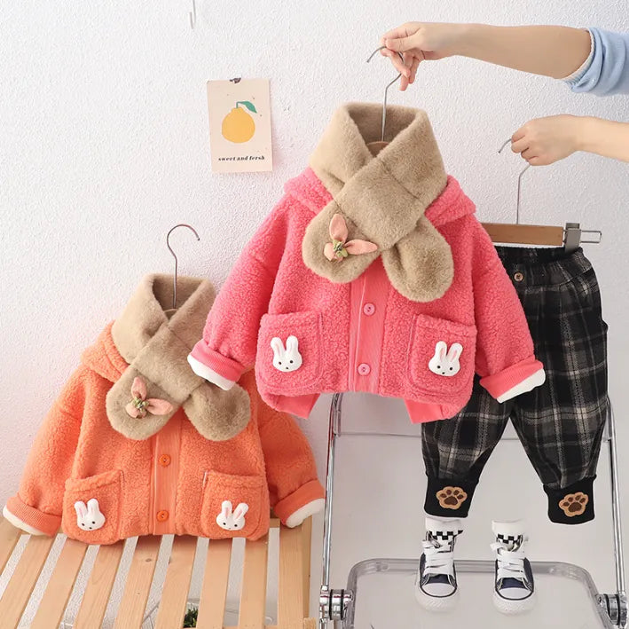 3 Parça Peluş Atkılı Tavşan Cepli Kız Çocuk Takımı 1-5 Yaş