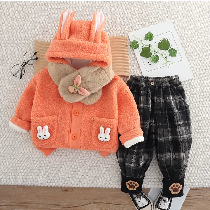 3 Parça Peluş Atkılı Tavşan Cepli Kız Çocuk Takımı 1-5 Yaş
