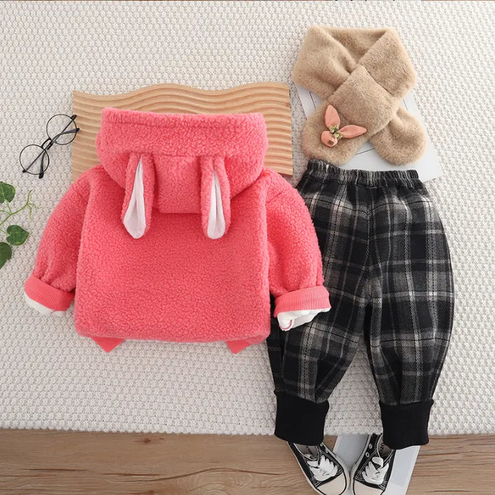 3 Parça Peluş Atkılı Tavşan Cepli Kız Çocuk Takımı 1-5 Yaş