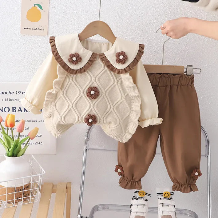 Çiçek Yaka 2 Renk Kız Çocuk Takımı (1-5 Yaş)