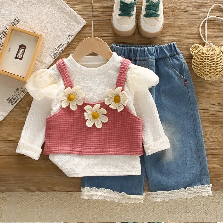 Kız Çocuk 1-5 Yaş Papatya Detaylı 3 Parça Takım-Sarı ve Pembe