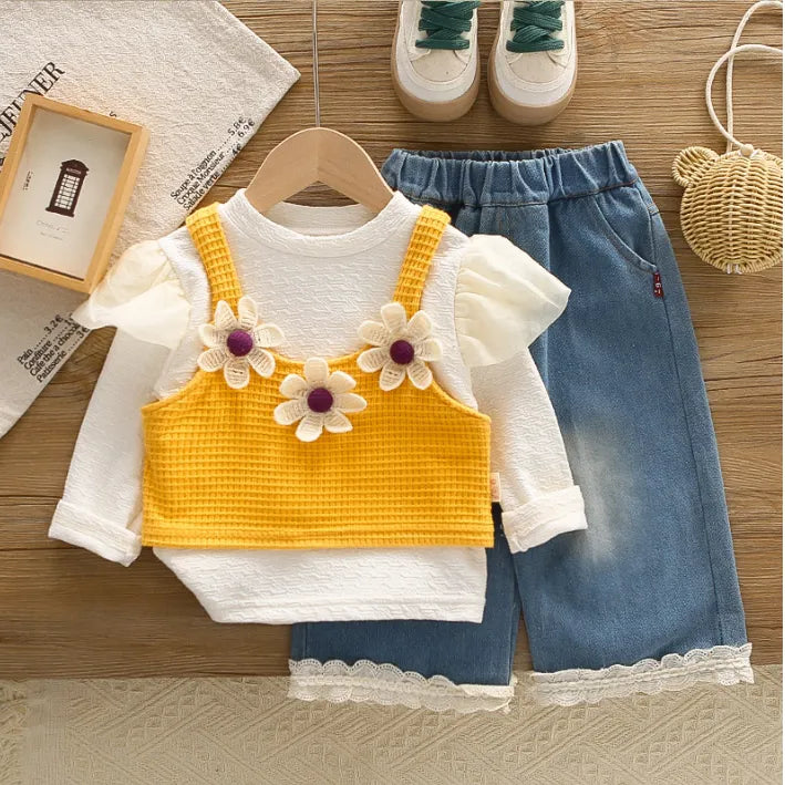 Kız Çocuk 1-5 Yaş Papatya Detaylı 3 Parça Takım-Sarı ve Pembe